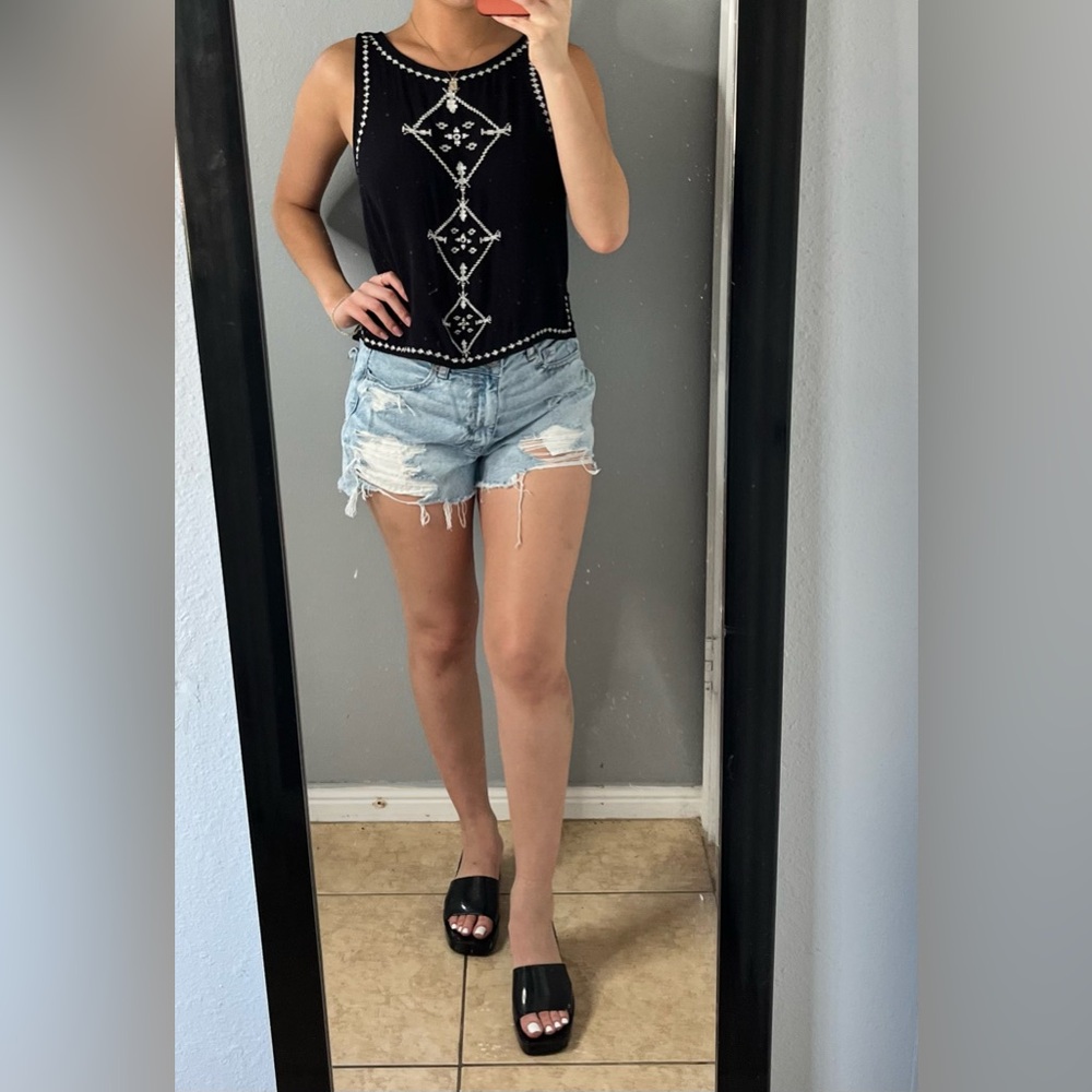 Black indie hippie festival boho embroidered tassel tank S | resort tulum